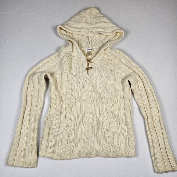 Vintage Y2K Cable Knit Sweater Womens Lambs Wool Hood Wood Toggle Button Cream M - Picture 7 of 15